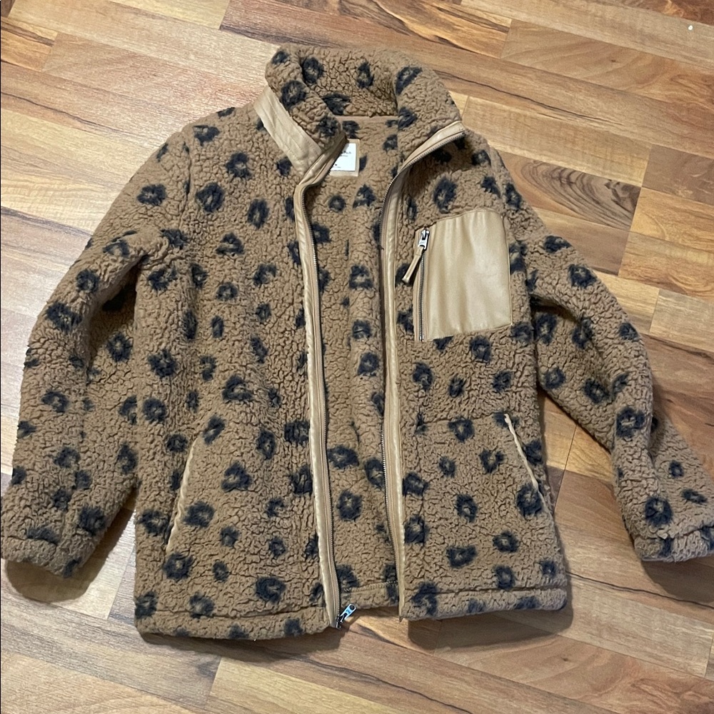 Abercrombie & Fitch Leopard Print Fleece Jacket Faux Leather Trim Size Medium